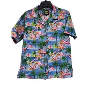 Benny's Hawaiian Shirt Womens M Flamingo Blue Tropical USA Made